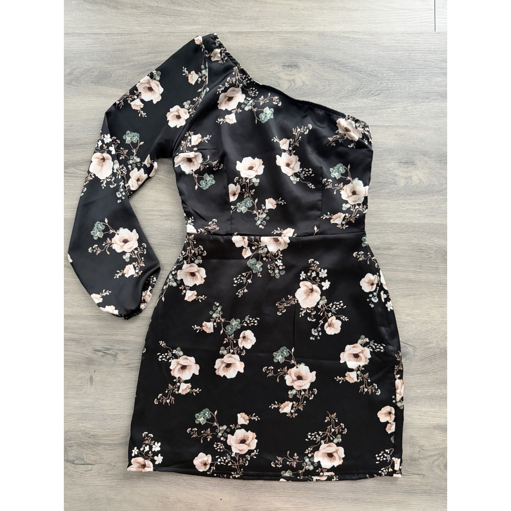 Abercrombie & Fitch Women's One Shoulder Black Satin Floral Mini Dress Size XS